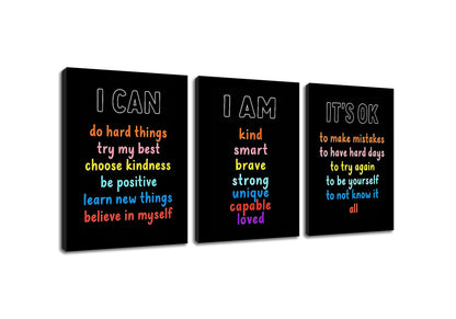 PSYYSP Positive Affirmations Wall Decor For Kids Bedroom Classroom Posters Growth Mindset I Am I Can It Is Ok Inspirational Canvas Art Set 3 Piece Framed Office Decor 16x36 Inch Triptych Artwork