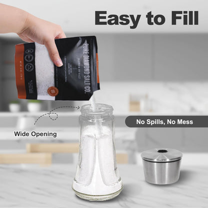 Adjustable Salt Pepper Shakers Glass - 4 OZ Spice Dispenser with Stainless Steel Lid for Kitchen, Cooking & BBQ Use