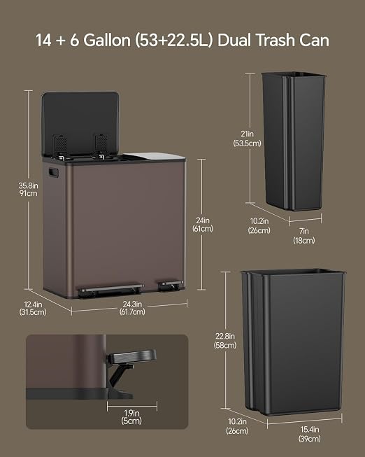 Lovewind Dual Trash and Recycling Bins for Kitchen, 13+6 Gallon Stainless Steel Garbage and Recycle Bin Combo for Large Families, Dual Trash Can with Soft Close Lid & Magnetic Stickers, Brown