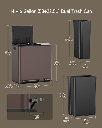 Lovewind Dual Trash and Recycling Bins for Kitchen, 13+6 Gallon Stainless Steel Garbage and Recycle Bin Combo for Large Families, Dual Trash Can with Soft Close Lid & Magnetic Stickers, Brown