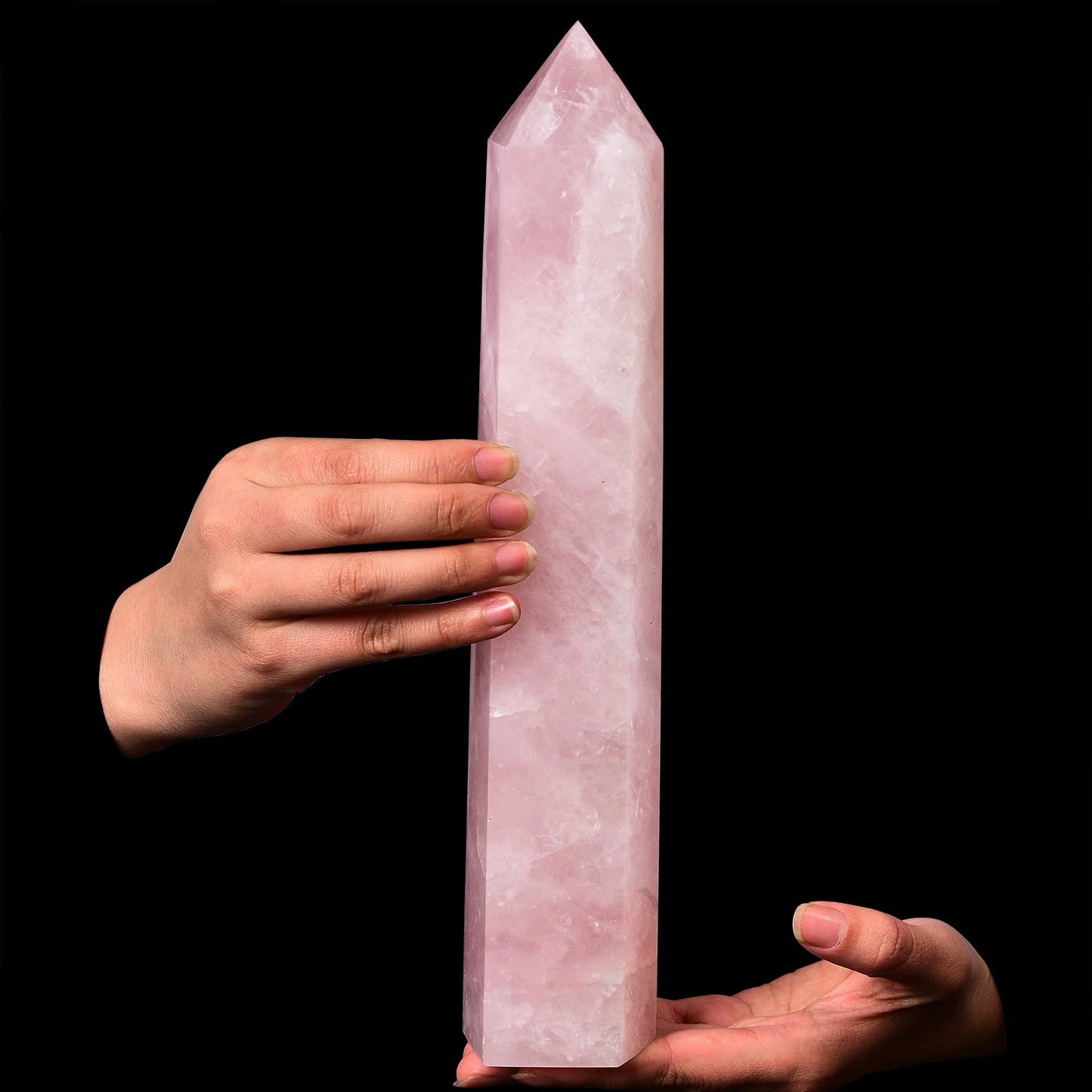 AMOYSTONE Large Healing Crystal Obelisk Tower Rose Quartz Point Wand Crystal Decor Reiki Gifts for Bignners 2.6-3.0 LBS