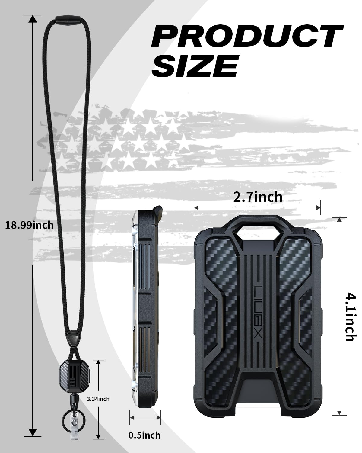 LIUGX Retractable Breakaway Lanyards for ID Badges Holder Keys, Carbon Fiber-Texture & American Flag, Badge Reel with Heavy Duty ID Card Holder (Holds 6 Cards) with 20" Cord, Keychain, 4.2 oz, Black