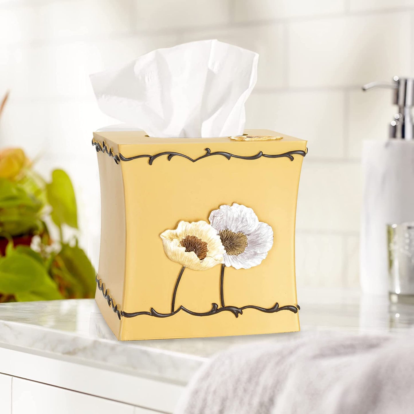 Resin Tissue Box Cover for Modern Home Decor - Minimalist Square Tissue Box Holder for Guest Room, Bedroom, Bathroom, Tabletop & Office - Durable and Aesthetic Tissue Holder, Poppy Fields