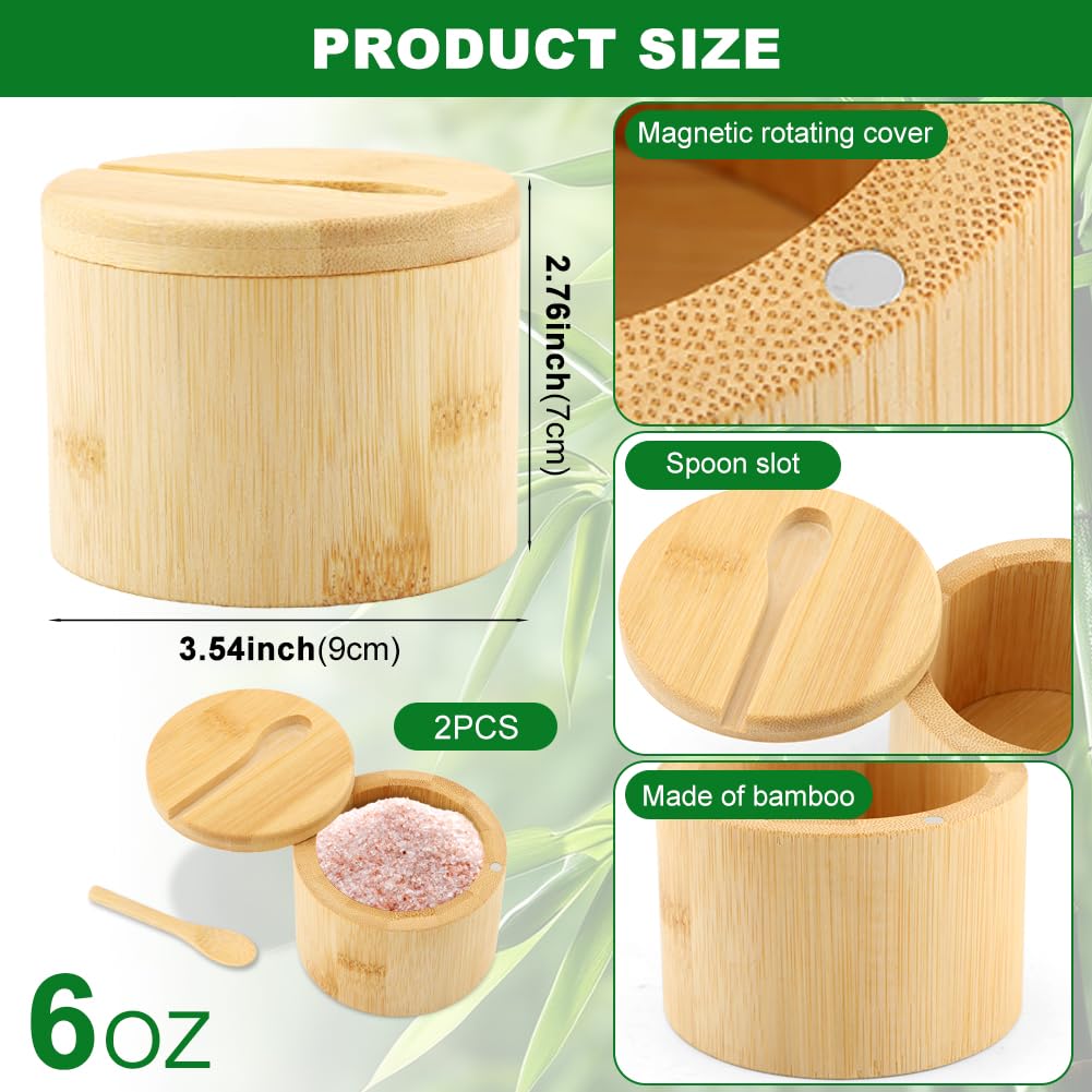 Bamboo Salt Cellar with Magnetic Swivel Lid & Spoon, 2Pcs Spice Box Bowl Storage Box Salt Container to Storage Pepper, Table Salt, Gourmet Salts, Spice, Sugar(SIZE:6 oz)