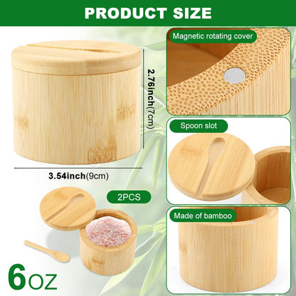 Bamboo Salt Cellar with Magnetic Swivel Lid & Spoon, 2Pcs Spice Box Bowl Storage Box Salt Container to Storage Pepper, Table Salt, Gourmet Salts, Spice, Sugar(SIZE:6 oz)