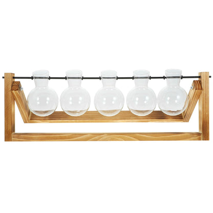 Sewroro Glass Hydroponic Plant Propagation Bottles with Wooden Stand Glass Vases for Indoor Plants of 5