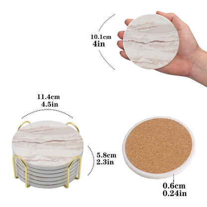 6Pcs Drink Coasters with Holder, Round Marble Style Ceramic Drink Coaster, Absorbent Coaster Set for Home Decor Tabletop Protection, Suitable for Kinds of Cups, Housewarming Gift, 4 Inches