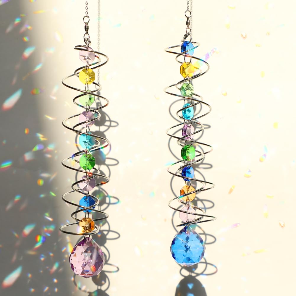Sun Catchers, 2pcs Gazing Ball Spiral Tail Wind Spinners Crystal Suncatcher Prism Hanging Crystals Rainbow Maker for Windows Indoor Outdoor Garden Car Decorations Christmas Party Gifts for Girls Women