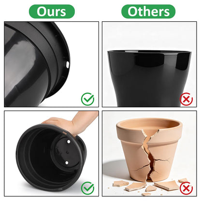 RooTrimmer 8 Inch Black Plastic Plant Pots Set of 10 with Clear Saucers – Durable Flower Pots with Drainage Holes for Indoor & Outdoor Plants