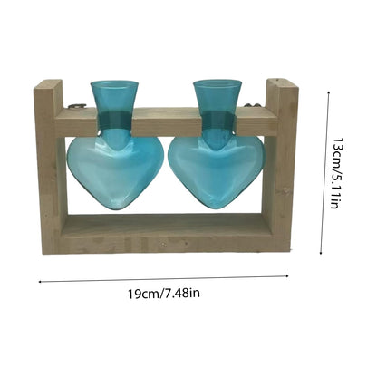 Luocute Heart Shaped Glass Vase, Plant Terrarium Propagation Station with Wooden Stand for Home Office Decor Hydroponics Garden