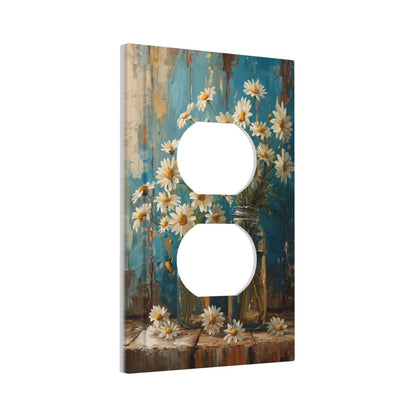 Delicate White Daisy Jars Retro Wood Background Outlet Covers 1 Gang Duplex Light Switch Cover Decorative Switch Plates Electrical Receptacle Faceplate Wall Plate for Farmhouse Home Decor
