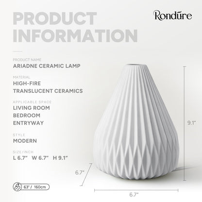 RONDURE 9.1" Modern Ceramic Table Lamp, Fully Dimmable Bedside Lamp for Bedroom Living Room Nightstand, White Translucent Ceramic Shade, Warm Ambient Decorative Corded Lighting, Bulb Included
