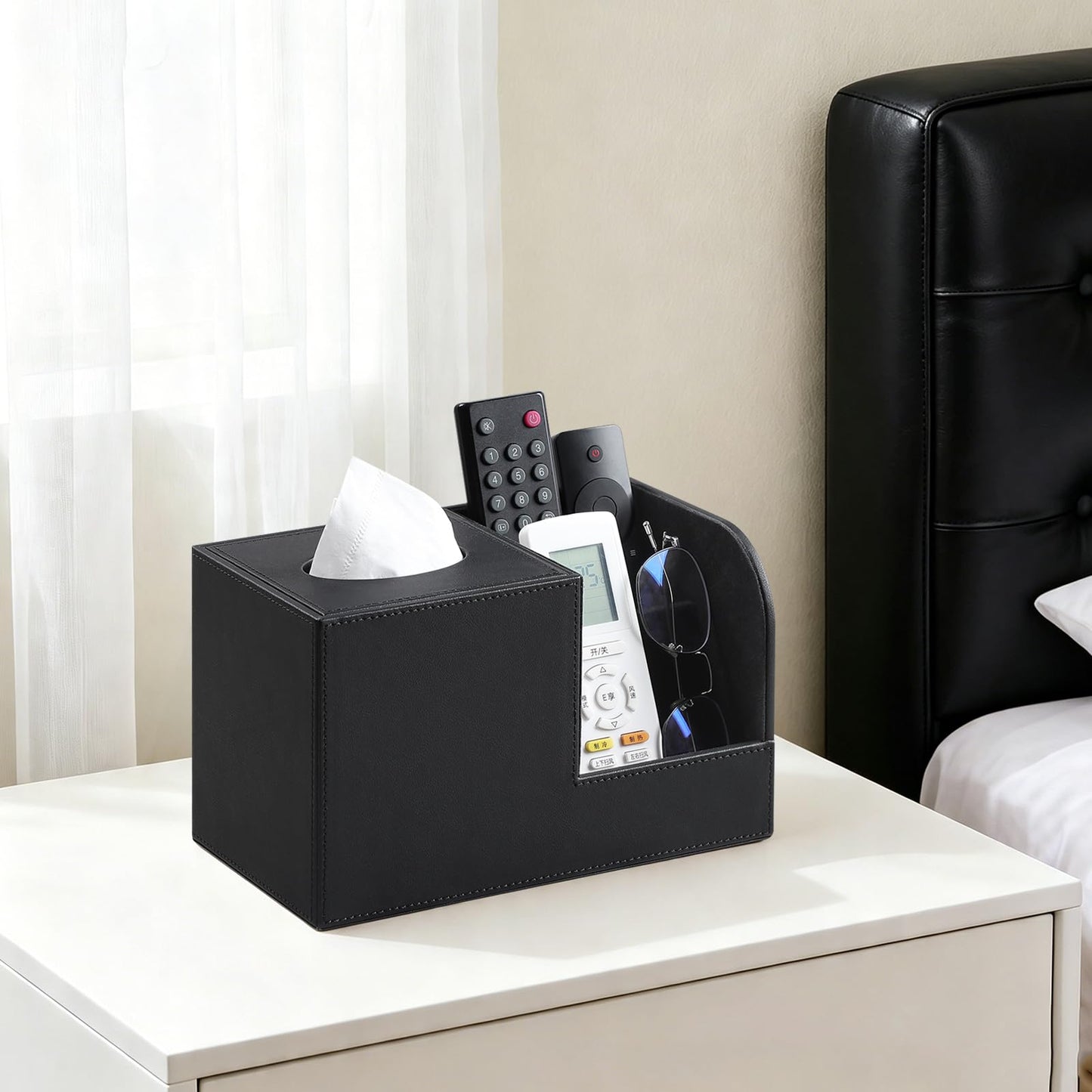 JLAMBOM PU Leather Tissue Box Cover with Remote Control Holder, Square Tissue Box Holder for Living Room Bathroom Office (Black)