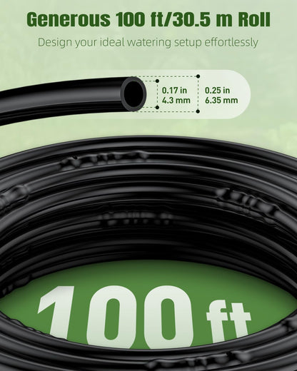 Pawfly 100 ft. 1/4" PE Irrigation Dripline Tubing, Black Polyethylene Distribution Line, Quick-Connect Compatible Drip Hose for Small Garden & Potted Plants