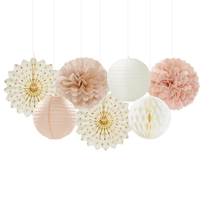Champagne-Gold Beige-Peach Boho Party-Decorations Streamers - 14pcs Fall Neutral Baby Shower Rustic Bohemian Wedding Paper Honeycomb Lanterns Fan,Birthday Bachelorette Bridal Decor Lasting Surprise