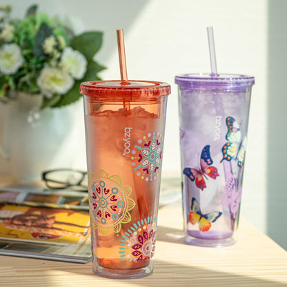 bzyoo SIP 24oz (710ml) Double Wall Plastic Tumbler with Lid and Straw Cold Drink Travel Mug Reusable Party Cup Perfect for Ice Coffee, Tea Office Poolside Parties Gifts Color: Medallion Orange