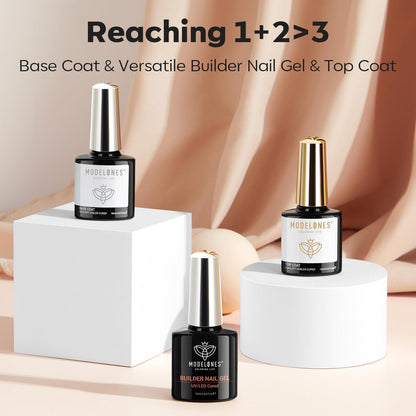 modelones Builder Nail Gel with Gel Top Coat, 3Pcs Clear Builder Nail Kit for Thickening Apex Building Extension Rhinestone Gel Tips Glue, U/V LED Lamp Cured for Home DIY Salon Girls