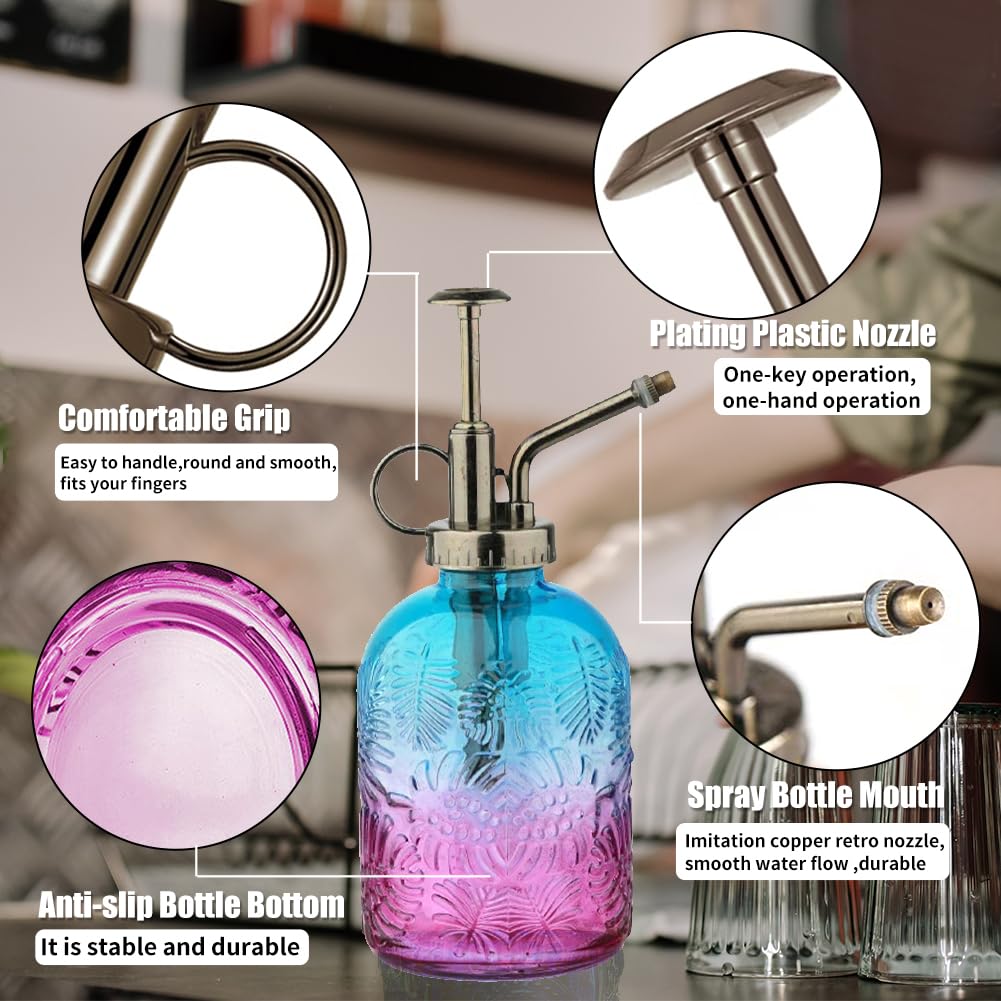 35 oz/1000 ml Metal Indoor Small Watering Can with Long Spout for House Plants Decorative, 12 oz/360 ml Glass Plant Mister Spray Bottle for Bonsai Garden Flowers