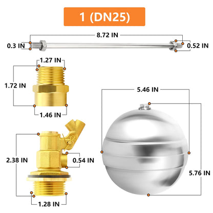 GASHER 1PCS 1" 304 Stainless Steel Float Ball Valve with 1"G Female x 1"NPT Male Adapter, DN25 Adjustable Water Tank Float Ball Valve for Stock Tank Pool Water Level Control