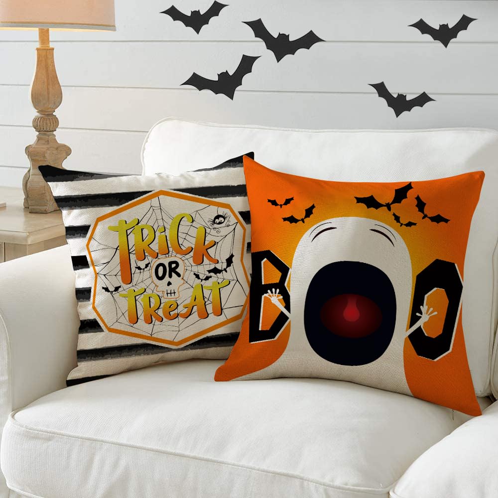 All Smiles Halloween Decorative Throw Pillow Covers 18X18 Set of 4 Fall Outdoor Indoor Orange and Black Halloween Decorations Ghost Cat Pillow Cases Ghost Cushion Home Decor Couch Sofa Bed