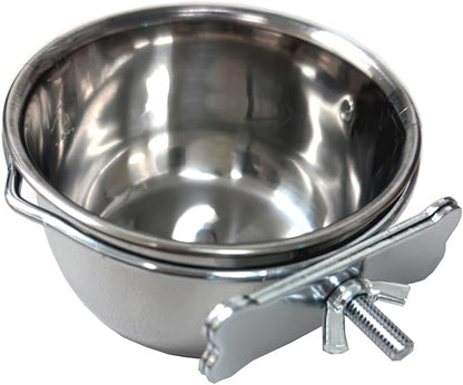 Four of 4-Inch No Rust Stainless Feeder Seed Water Food Replacement Cups with Adjustable Cage Holder for Bird Parrot Cage
