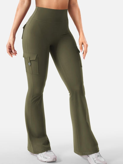 YEOREO CoreFlex Women Workout Flare Leggings with Pockets Hidden Scrunch High Waisted Cargo Gym Yoga Leggings Army Green M