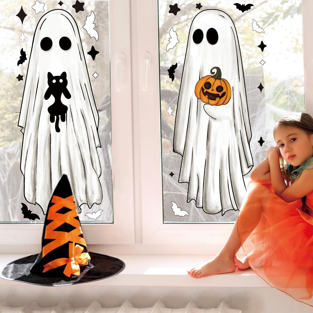 Heirloom Haven 3 Sheets Halloween Large Ghosts Window Clings,Bats Black Cat Spooky Pumpkin Window Stickers for Halloween Home Holiday Party Store Glass Decoration