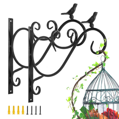 Lewondr Wall Hanging Plant Bracket, 2 Pack 12-inch Retro Iron Shepard Hook for Flower Bird Feeder Planter Indoor Outdoor, Bird 01 - Spray Paint Black