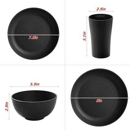 24 Piece Wheat Straw Dinnerware Sets of 6, Kitchen Plates and Bowls Sets, Unbreakable Plastic Dish Set for Camping, Dishwasher Microwave Safe, Kitchen and Dinning Essentials, Black