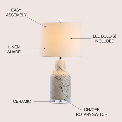 JONATHAN Y 23" Gray and White Marble Ceramic LED Table Lamp, Traditional Hand-Finished Bedside Lamp for Living Room Bedroom, White Linen Shade, LED Bulb Included JYL3004A