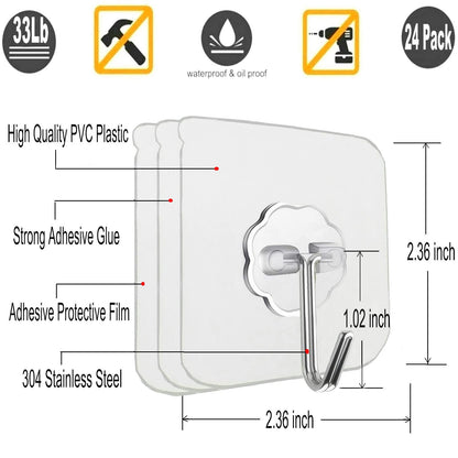 Jwxstore 24 Pack Adhesive Wall Hooks 33LB Heavy Duty No Drill Transparent Waterproof Hooks for Bathroom Kitchen Towel Coat Office Home Outdoor
