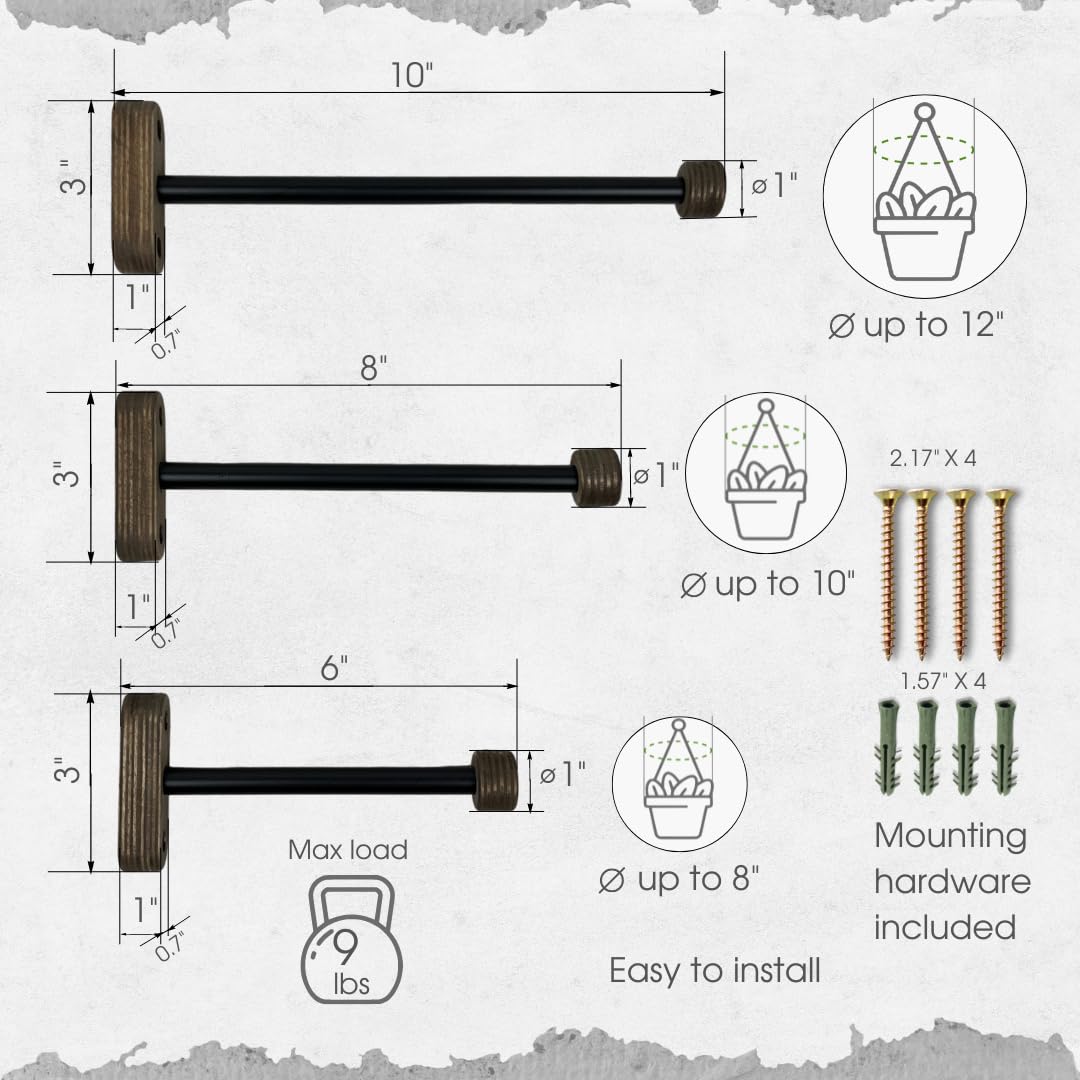 EvenWood 2-Piece Set of Wooden Plant Hooks for Wall with Sturdy Metal Tube - Plant Wall Hanger for Pots, Flower Brackets - Bracket Plant Hanger for Indoor and Outdoor Decorations (Walnut, 8 Inch)