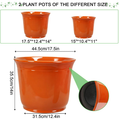 WEICHENGXING 2 Pack 18/15 Inch Large Plastic Pots for Plants, Planters for Outdoor Plants, Durable and Lightweight Flower Pots, Big Outdoor Planters Weather Resistant & UV Resistant, Orange