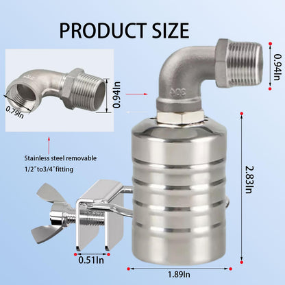 Float Valve1/2" 3/4" Auto Shut Off Mini Float Valve,304 Stainless Steel Auto Water Level Control Valve for Water Tank,Pool,Water Tank, Livestock Troughs 2pcs