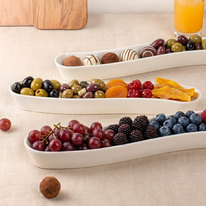Dizada Olive Plates 3-Pack 12" - White Porcelain Long Arc Boat Trays, Ceramic Appetizer Platter for Charcuterie, Snacks, Entertaining, Dishwasher Microwave Oven Safe