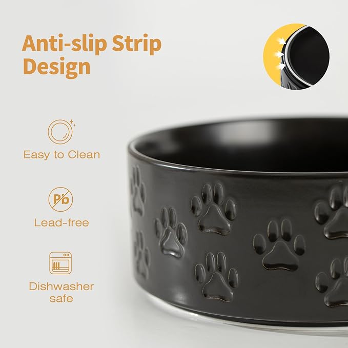 Ceramic Dog Bowl Set, Double Bowls, Non-Slip, 6 inch, Black | Microwave and dishwasher safe ceramic bowls, 3.5 cup capacity for food and water, easy to clean, for small to medium dogs
