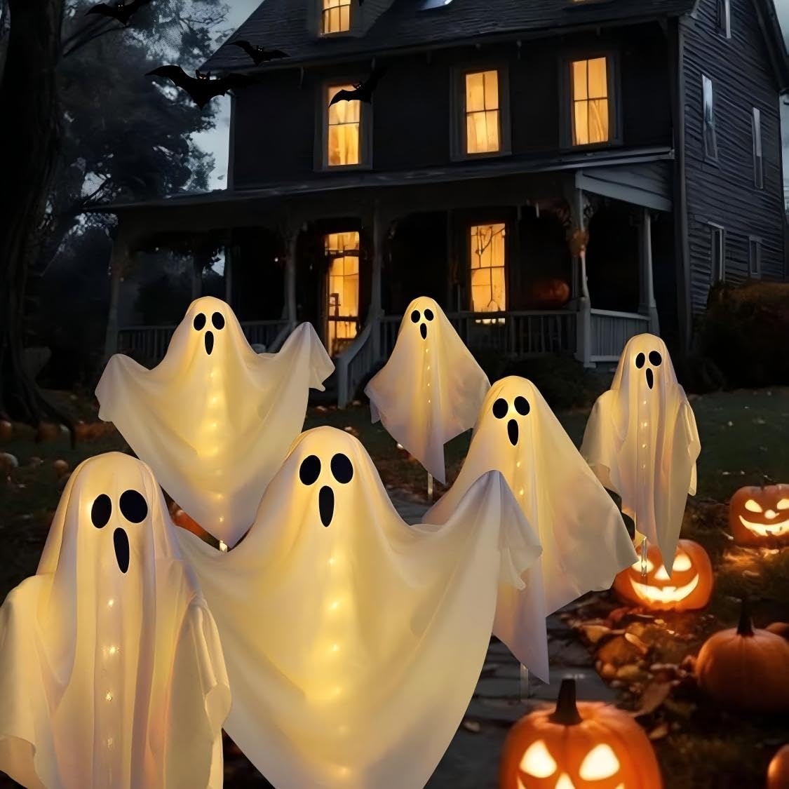 6-Pack Ghost Solar Halloween Decorations Outdoor, Waterproof Solar Halloweens Lights for Outside Decor, Halloween-Ghost Path Lights for Scary Party Yard Garden Lawn Holiday Decoration(Warm White)