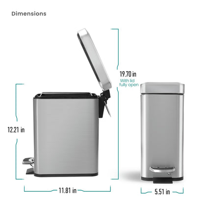Home Zone Living 1.3 Gallon Small Bathroom Trash Can with Lid and Step Pedal, Stainless Steel Wastebasket with Slim Design for Home and Office, Silver, 5 Liters