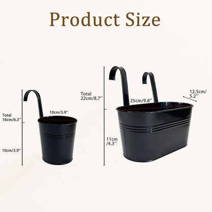 Joyfernal Pack of 4 Metal Hanging Planters for Outdoor Plants, 2 Pcs 4" Round Railing Planter & 2 Pcs 10" Oval Fence Flower Pots for Balcony Garden Decor, Black