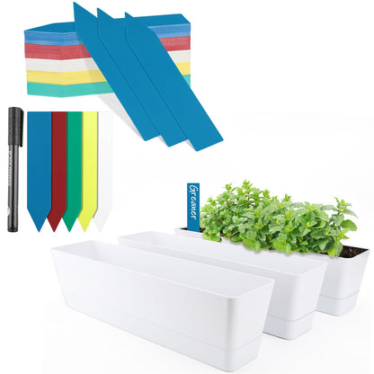 GREANER Window Boxes Planters with 100PCS 4inch Colorful Plant Label, 3PCS 16x3.8 Inch Large Herb Planters with Tray, Indoor Succulent Cactus Flowers Vegetable Plastic Rectangle Pots for Balcony, Offi