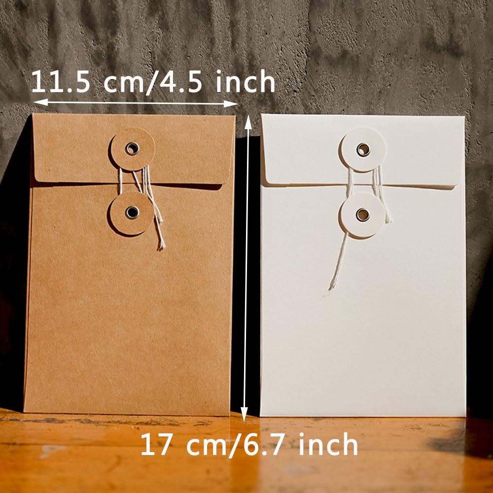 QILANJO 20 Pcs Kraft Paper Envelopes with Button and String Tie Closure Vintage Storage Envelope Pockets for Cards, Invitations, Photo, Files, 4.5x6.7 inch, White