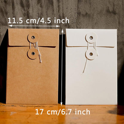 QILANJO 20 Pcs Kraft Paper Envelopes with Button and String Tie Closure Vintage Storage Envelope Pockets for Cards, Invitations, Photo, Files, 4.5x6.7 inch, White