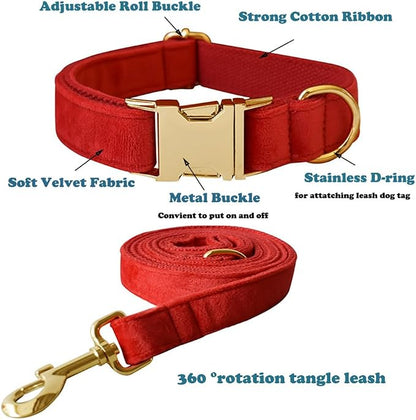 Love Dream Velvet Dog Collar and Leash Set, Soft & Comfy Adjustable Dog Leash and Collar with Heavy Duty Metal Buckle for Small Medium Large Dogs Training & Walking (XLarge, Red)