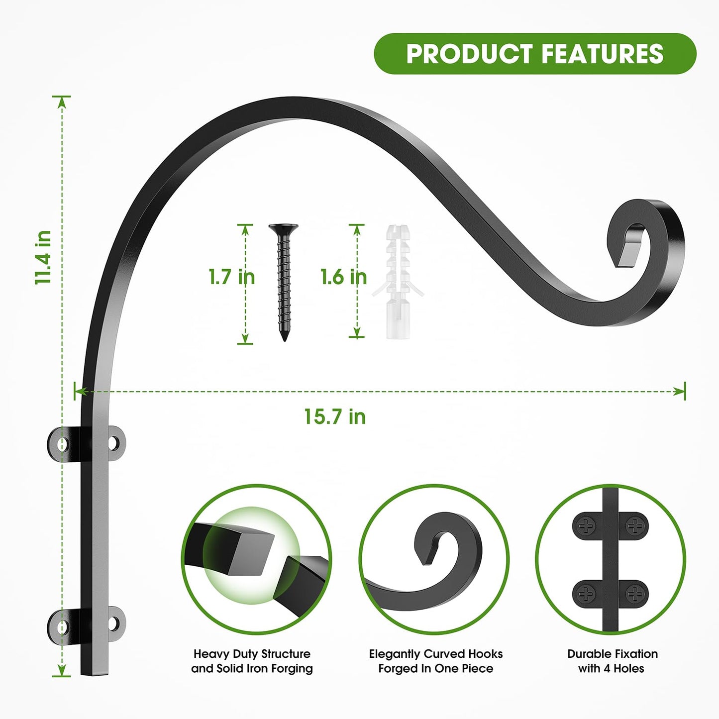 2Pack Heavy Duty Hanging Plant Brackets for Plants Basket Outdoor and Indoor, 16Inch Hanging Brackets Outdoor, 80lbs Holds Metal Plant Hanger Wall Hooks for Hanging Flower Pot Bird Feeder Lanterns