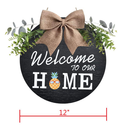 Welcome Wreaths Sign Wreaths Interchangeable Wooden Seasonal Welcome Sign Welcome to Our Home Wreath with Burlap Bow, Greenery and Seasonal Ornaments 12" Decrations for All Seasons