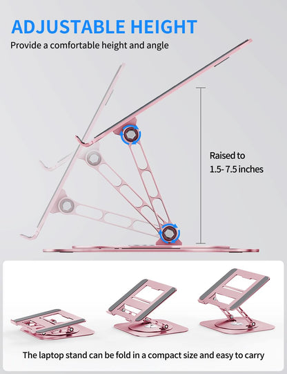 Adjustable Computer Stand with 360 Rotating Base, Ergonimic Foldable Laptop Riser for Desk Compatible with MacBook Pro/Air Notebook up to 16 Inches, Silver