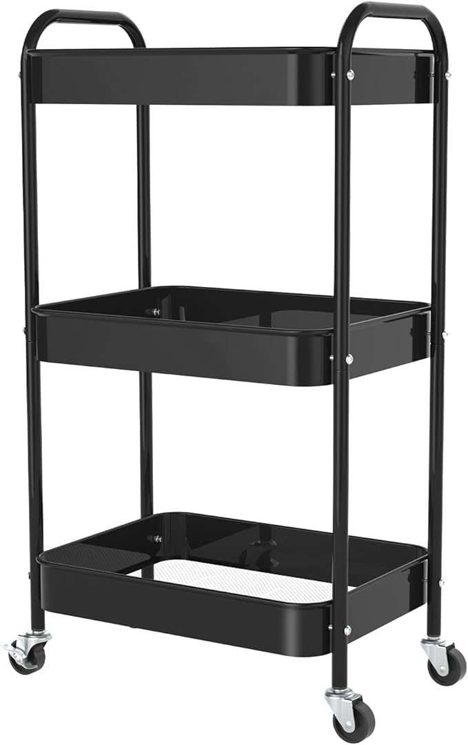 3-Tier Rolling Cart, Metal Utility Storage Carts with Wheels, Black | Multi-Functional Organizer Snack Cart Easy Assembly
