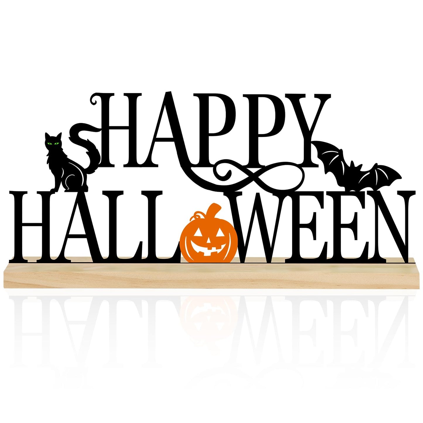 COCHIE Metal Happy Halloween Sign, Black Halloween Decorations for Home, Office, Shelf, Mantel, Indoor, Jack-o-lantern Decoration, Spooky Cat Bat Decor (Halloween)