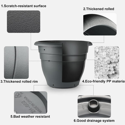 RooTrimmer 3 Pack Large 16 Inch Plastic Plant Pots for Outdoor Plants,Durable & Lightweight Flower Pots with Drainage Holes,Weather-Resistant Large Planters for Patio Garden(Gray)