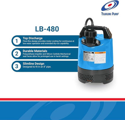 Tsurumi Pump LB-480 Submersible Dewatering Pump 2/3 HP 115V 2 in Discharge Slimline Design Ideal For Construction Use | 63 GPM / 3780 GPH